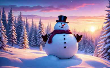 Obraz premium Fantastic winter landscape with a snowman. AI