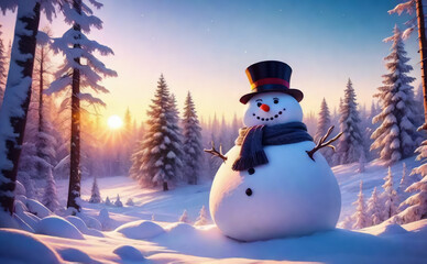 Obraz premium Fantastic winter landscape with a snowman. AI