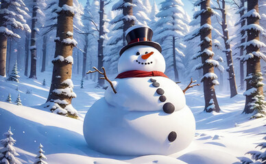 Obraz premium Fantastic winter landscape with a snowman. AI