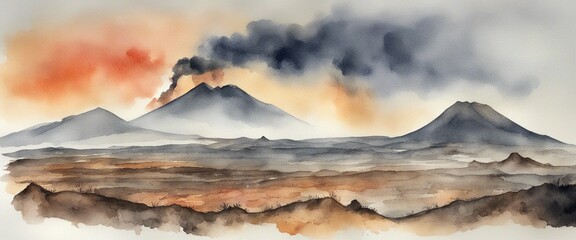 watercolour volcanic landscape