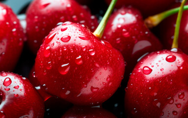 Red ripe cherries closeup with water dropplets.