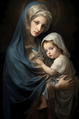 Madonna with child portrait mary and baby jesus blue and gold robe halo © Thy Art Studios