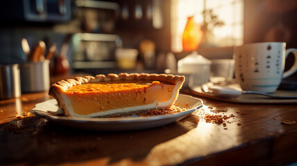 Plate with pumpkin pie on a table. Top view. - obrazy, fototapety, plakaty