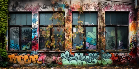 Photo sur Plexiglas Graffiti graffiti on the wall, Colorful graffiti takes over old city street,  Expressive graffiti neon artistic playful illustration design on the wall of old city street 