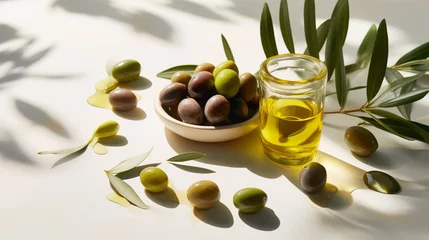 Foto op Plexiglas Olive oil in small jar with olives and branch of olive tree with soft shadow. © DRasa