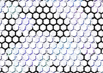 Grand abstract design: hexagonal pattern with white divisions and cool-colored cells on a liquid metallic surface - 676364862