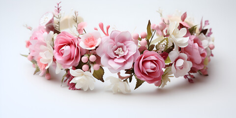 A close up of a flower wreath made of flowers on a white surface, wreath of fabric flowers isolated on white background
