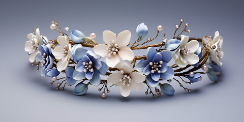  picture of a flower wreath made of silver and light blue flowers, Flowers crown, Romantic bouquet of blank floral pink blossoms 