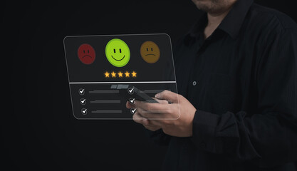 Concept of satisfaction and customer service. : Business man use use laptop touching or pressing the virtual screen Five score and five star to show satisfaction with the service or give rate.	