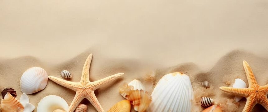 Anamorphic video summer background. Sea shell and sand.