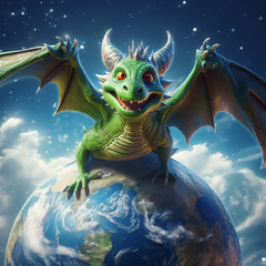 Scary green oriental dragon on the blue planet Earth