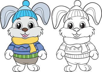 Winter Rabbit cartoon. Black and white lines. Coloring page for kids. Activity Book.