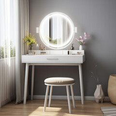 Empty modern, minimal beige dressing table, gold handle drawer storage, twig glass vase, round vanity mirror in cream wall bedroom in sunlight for luxury beauty, cosmetic, generative AI