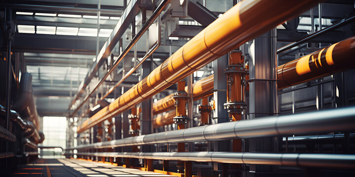 A large industrial room with orange pipes and a large, Industrial zone, Steel pipelines, valves and pumps
