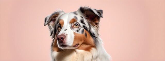 Studio portraits of a funny Australian Shepherd dog on a plain and colored background. Creative animal concept, dog on a uniform background for design and advertising.