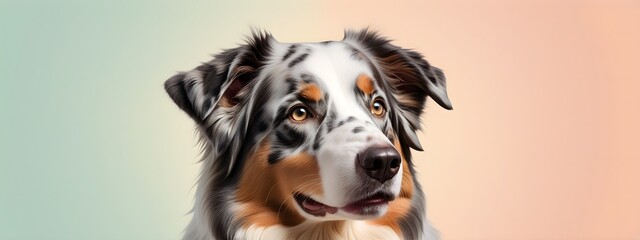 Studio portraits of a funny Australian Shepherd dog on a plain and colored background. Creative animal concept, dog on a uniform background for design and advertising.