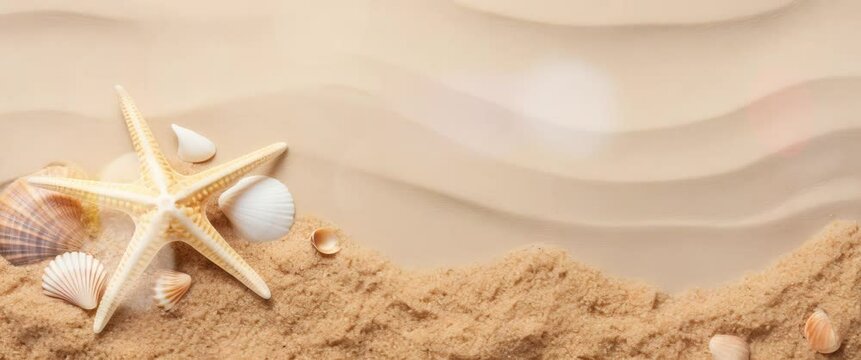 Anamorphic video summer background. Sea shell and sand.