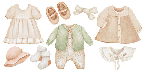 Watercolor illustration set with baby clothes, dress, shoes, socks, jacket, bow, collar. Isolated on white background. Hand drawn clipart. Perfect for card, postcard, tags, invitation, printing