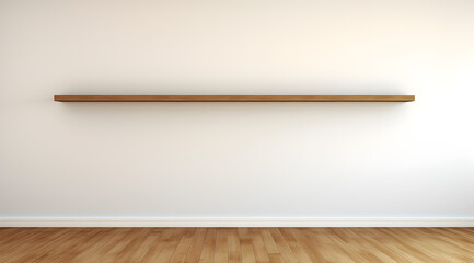 A clean, empty room with a wooden shelf on the wall, embodying minimalist design.