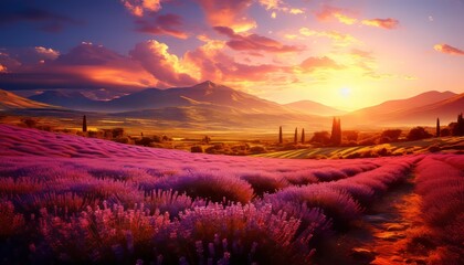 Captivating and picturesque sunset landscape with a stunning lavender field in full bloom