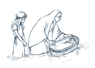 Moses' mother puts him in a basket on the river. Pencil drawing