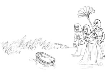 Pencil drawing. Pharaoh's daughter found Moses in a basket