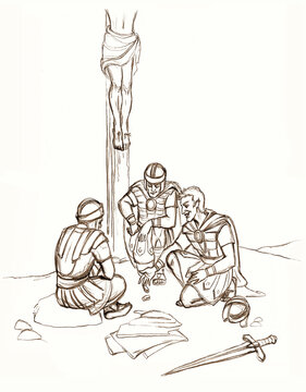 Soldiers at the foot of Christ share His clothes. Pencil drawing