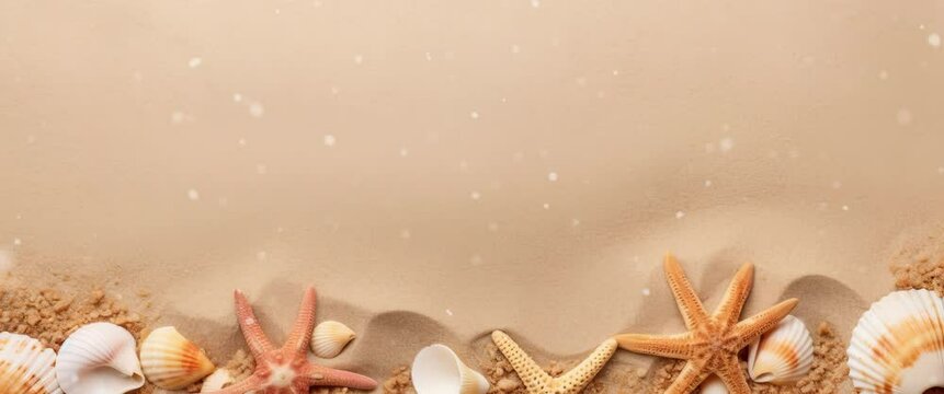 Anamorphic video summer background. Sea shell and sand.