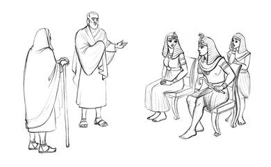 Fototapeta na wymiar Moses and Aaron before Pharaoh. Pencil drawing