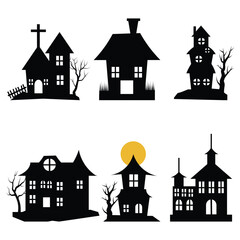 Creepy haunted house for Halloween. Scarey house silhouette. Halloween home castle icons