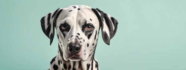 Studio portraits of a funny Dalmatian dog on a plain and colored background. Creative animal concept, dog on a uniform background for design and advertising.