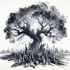 Urban Forest: Black and White Surreal Image of a Giant Tree and Buildings in the Middle of the City.