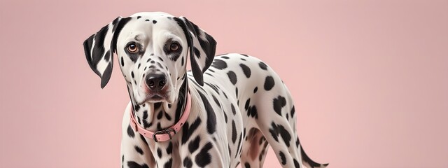 Studio portraits of a funny Dalmatian dog on a plain and colored background. Creative animal concept, dog on a uniform background for design and advertising.