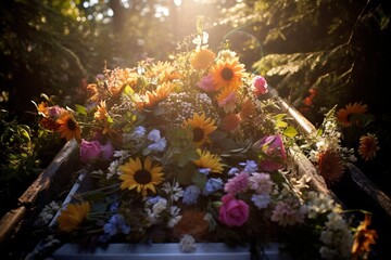 Colorful flowers on the grave in the cemetery, funeral concept.