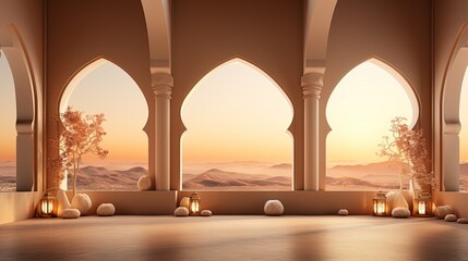 podium background. Ramadan holiday minimalism style . arabic design with shades of beige gold...
