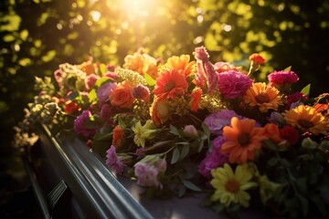 Colorful flowers on the grave in the cemetery, funeral concept.