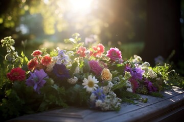 Colorful flowers on the grave in the cemetery, funeral concept. - obrazy, fototapety, plakaty