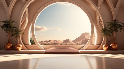 Fototapeta premium background for the Islamic holiday of Ramadan in a minimalist style, with a podium, with sunlight, in light beige delicate shades and elements of nature. ai generated