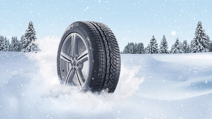 Wheels with winter tires in the snow on a background of a winter forest, concept. Winter tires, creative idea. Winter safety and transport. Emergency braking © alones