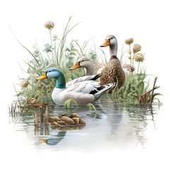 Landscape, png print, postcard, duck and ducklings