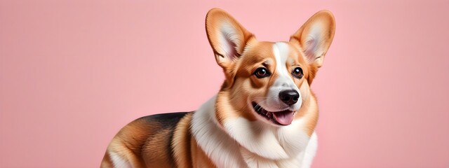 Studio portraits of a funny Welsh Corgi dog on a plain and colored background. Creative animal concept, dog on a uniform background for design and advertising.