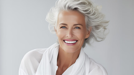 Confident elderly senior model with grey hair, smiling happy female lady in close-up portrait | Generative AI