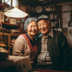 Obraz premium Inside the room, Grandpa and Grandma stood next to each other, smiling happily.