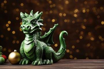 Fototapeta premium Portrait of green magical fantasy dragon on background of christmas bokeh with copy space