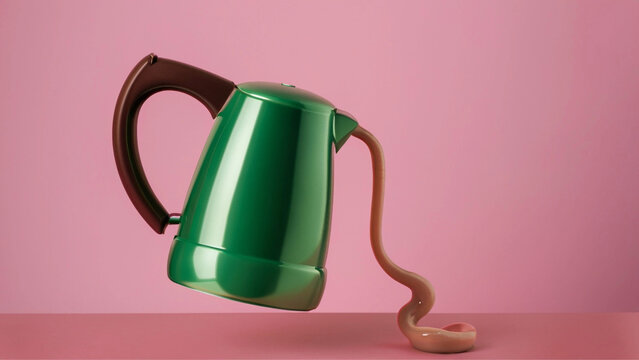Um bule verde, flutuando, derramando um caf&eacute; cremoso, com fundo cor-de-rosa. 