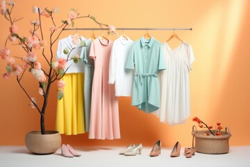 Women's minimalist closet with summer dresses and accessories on pastel orange background.