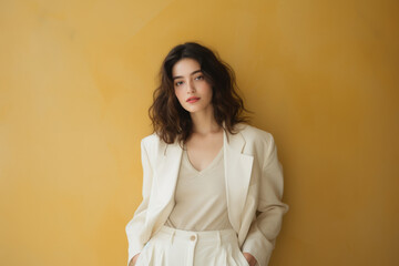 Portrait of a mysterious brunette in a white summer suit leaning against a yellow wall with copy space. - obrazy, fototapety, plakaty