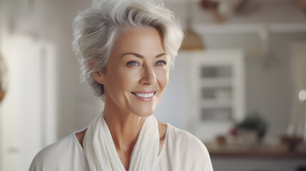 Fototapeta premium Confident elderly senior model with grey hair, smiling happy female lady in close-up portrait | Generative AI