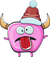 Vector cartoon funky pink monster with Santa Claus red hat isolated on white background. Funny and cute Childrens Merry Christmas greeting card with funny PINK monster elf Santa Claus character.