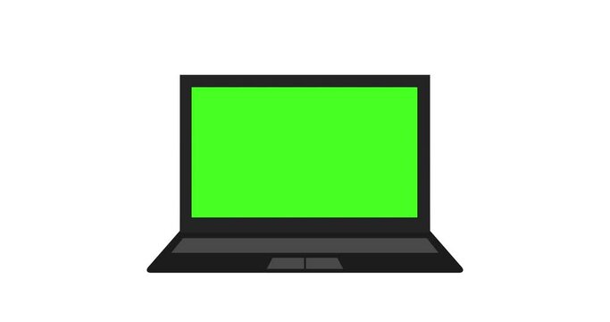 Laptop with blank green screen on white background, flat 4K animation.